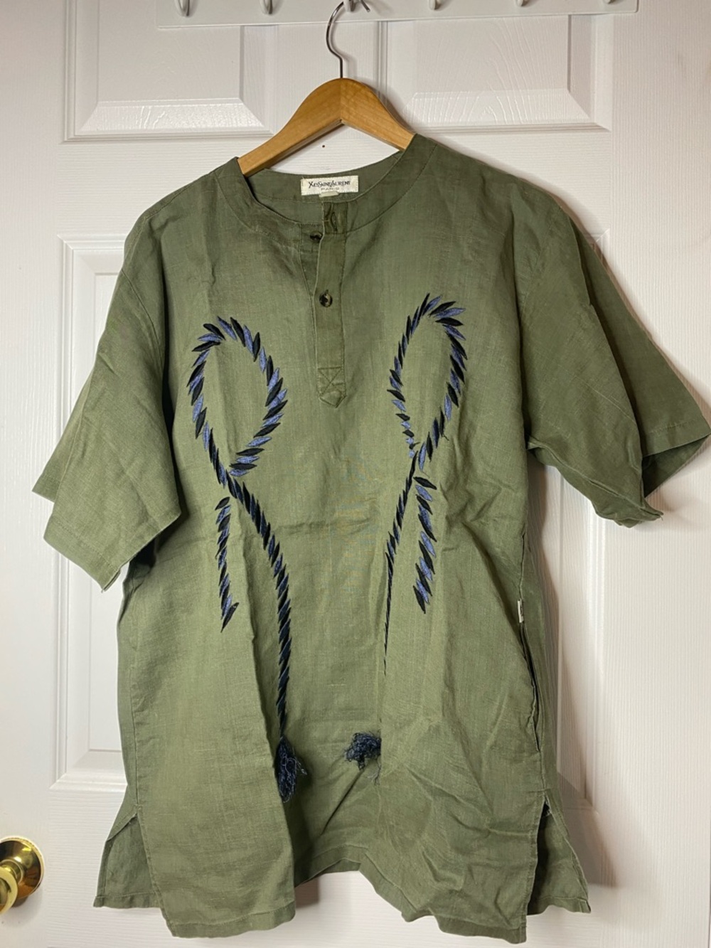 Yves Saint Laurent Olive Green Short-Sleeve Embroidered Shirt with Navy Detail